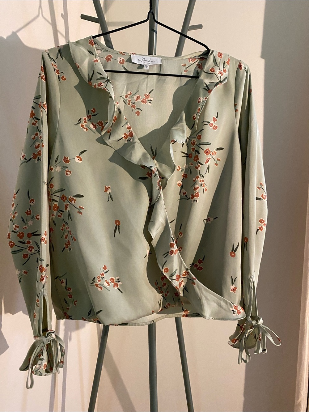Light Sage Floral Ruffle Faux Wrap Top